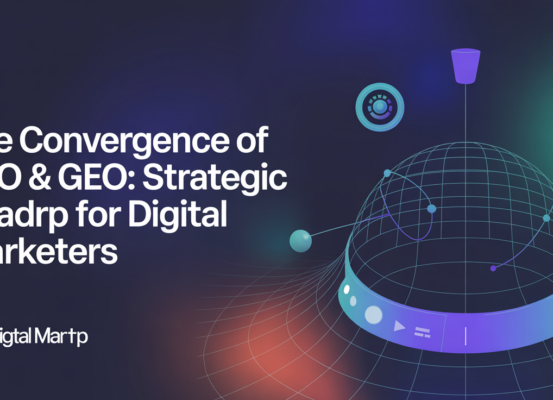 Banner with bold title 'The Convergence of AEO & GEO' on a digital marketing theme background.