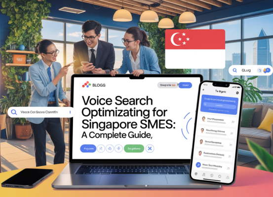 Banner with 'Voice Search Optimization for Singapore SMEs: A Complete Guide' title over a digital cityscape.