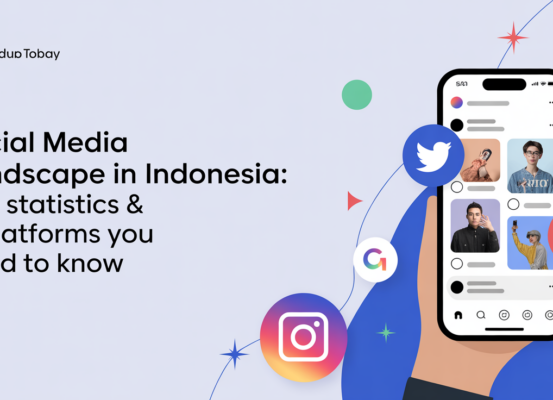Blog banner with 'Social Media Landscape in Indonesia: Key Statistics & Platforms You Need to Know' title, featuring Indonesian cultural motifs.