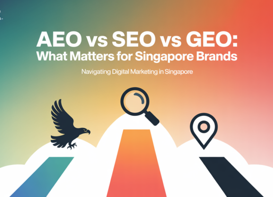 Blog banner with title 'AEO vs SEO vs GEO: What Matters for Singapore Brands' in bold font.