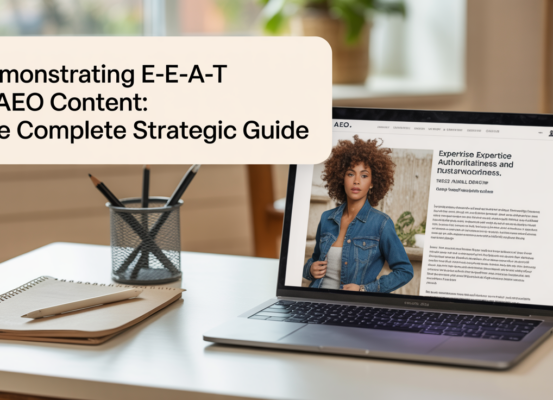 Blog banner with title 'Demonstrating E-E-A-T in AEO Content: The Complete Strategic Guide'.