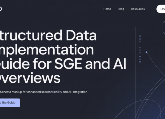 Blog banner with title 'Structured Data Implementation Guide for SGE and AI Overviews' on a tech-themed background.