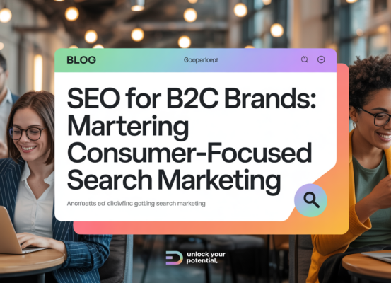 Banner titled 'SEO for B2C Brands: Mastering Consumer-Focused Search Marketing' with digital marketing icons.