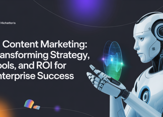 Banner with 'AI Content Marketing' title, abstract tech background and enterprise theme.