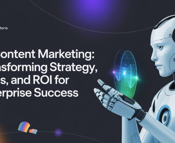 Banner with 'AI Content Marketing' title, abstract tech background and enterprise theme.