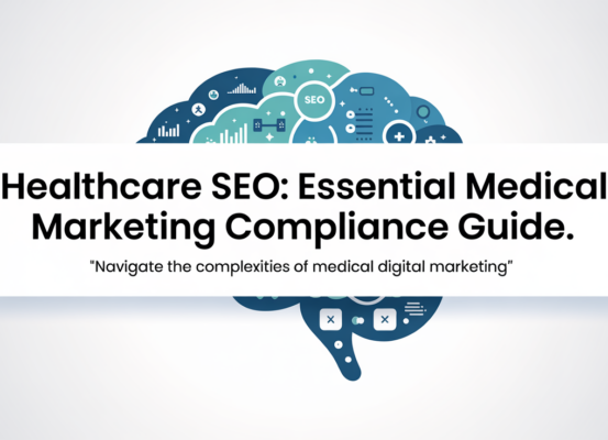 Banner with 'Healthcare SEO: Essential Medical Marketing Compliance Guide' in bold letters against a medical-themed background.