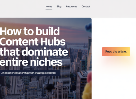 Banner with 'How to Build Content Hubs That Dominate Entire Niches' title over abstract digital background.