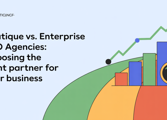 Banner with title 'Boutique vs. Enterprise SEO Agencies' on abstract tech background