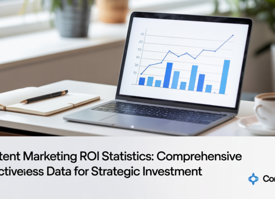 Banner with title 'Content Marketing ROI Statistics' on a modern abstract background