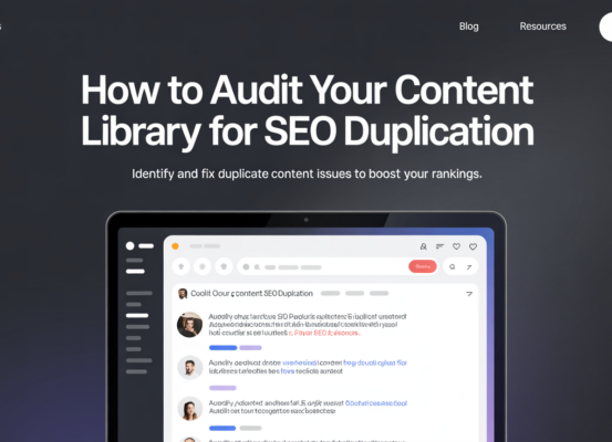 Banner with title 'How to Audit Your Content Library for SEO Duplication' on abstract background