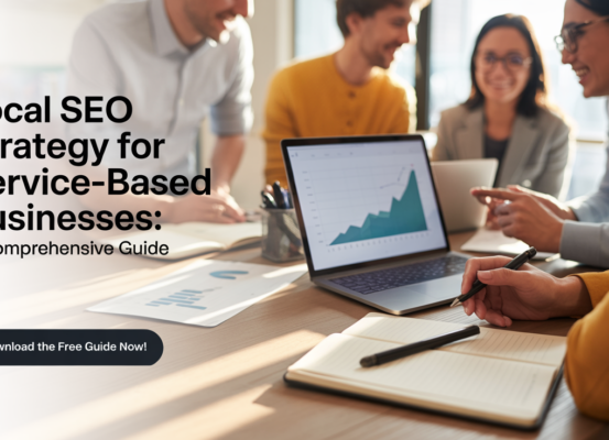 Banner with title 'Local SEO Strategy for Service-Based Businesses: A Comprehensive Guide' on a blue background.