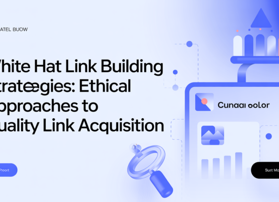 Banner with title 'White Hat Link Building Strategies' on a digital-themed background