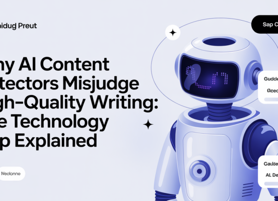 Banner with title 'Why AI Content Detectors Misjudge High-Quality Writing: The Technology Gap Explained' in modern font.