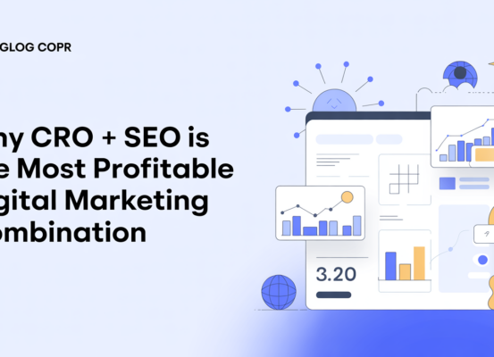 Banner with title 'Why CRO + SEO Is The Most Profitable Digital Marketing Combination' on a modern design.