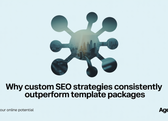 Banner with title 'Why Custom SEO Strategies Consistently Outperform Template Packages' in bold font
