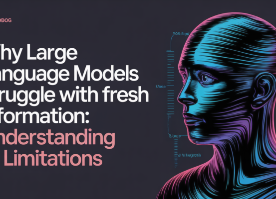 Banner with title 'Why Large Language Models Struggle With Fresh Information: Understanding AI Limitations' against a tech-themed background.