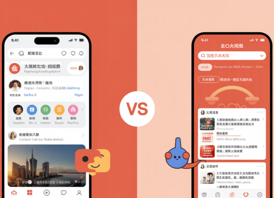 Banner with 'Xiaohongshu vs Weibo' title on dynamic red and white background
