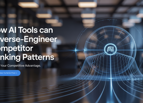 Blog banner: 'How AI Tools Can Reverse-Engineer Competitor Ranking Patterns' with tech-themed graphics