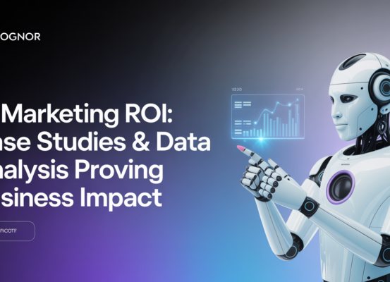 Blog banner titled 'AI Marketing ROI: Case Studies & Data Analysis Proving Business Impact' with a tech-themed design.
