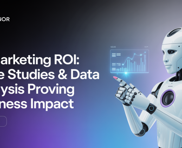 Blog banner titled 'AI Marketing ROI: Case Studies & Data Analysis Proving Business Impact' with a tech-themed design.