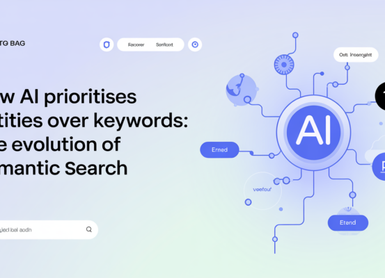 Blog banner titled 'How AI Prioritises Entities Over Keywords' with a futuristic design