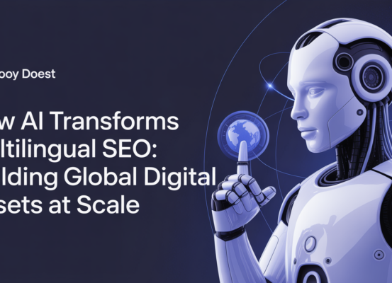 Blog banner titled 'How AI Transforms Multilingual SEO' with global digital theme
