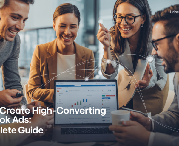 Blog banner titled 'How to Create High-Converting Facebook Ads: A Complete Guide' with modern design elements.