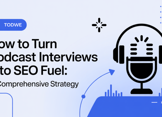 Blog banner titled 'How to Turn Podcast Interviews Into SEO Fuel' with a modern design.