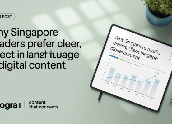 Blog banner: 'Why Singapore Readers Prefer Clear, Direct Language in Digital Content' in bold text over a subtle cityscape background.