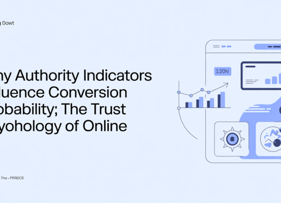 Blog banner with bold title 'Why Authority Indicators Influence Conversion Probability' over a digital trust-themed background.