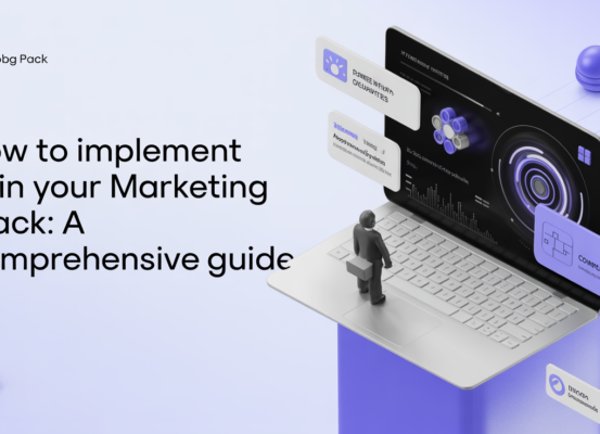 Blog banner with text: 'How to Implement AI in Your Marketing Stack: A Comprehensive Guide' against a modern tech-themed background.