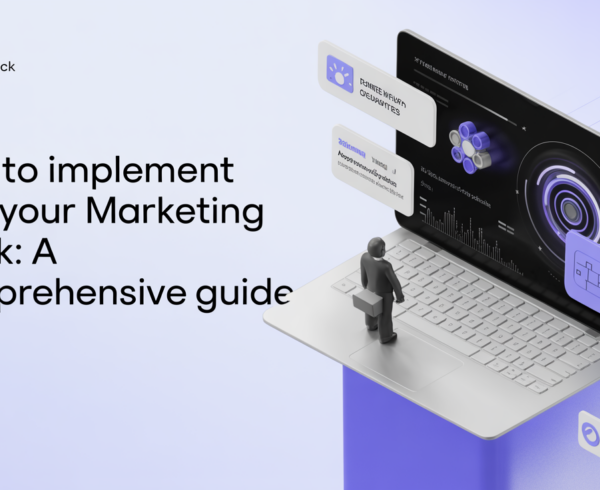 Blog banner with text: 'How to Implement AI in Your Marketing Stack: A Comprehensive Guide' against a modern tech-themed background.
