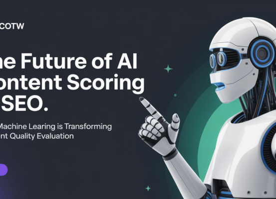 Blog banner with 'The Future of AI Content Scoring in SEO' title over a digital network background