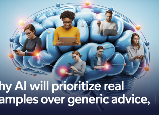 Blog banner with the title 'Why AI Will Prioritize Real Examples Over Generic Advice' in bold letters.