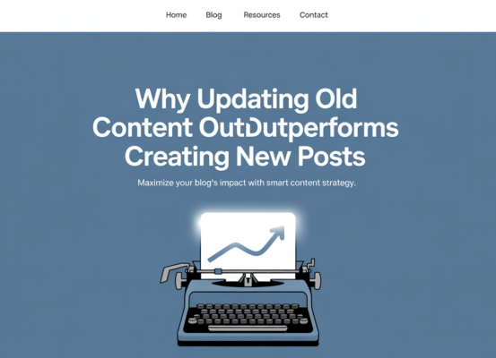 Blog banner with the title 'Why Updating Old Content Often Outperforms Creating New Posts' in bold letters.
