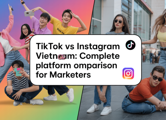 Blog banner with 'TikTok vs Instagram in Vietnam' title, vibrant colors, social media icons