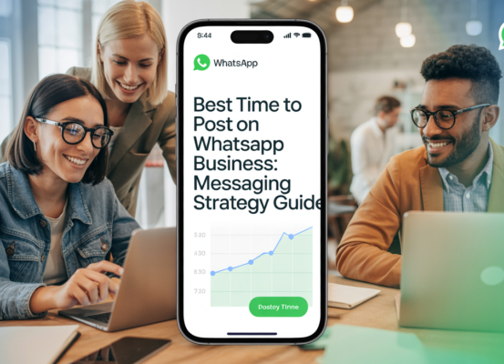 Blog banner with title 'Best Time to Post on WhatsApp Business: Messaging Strategy Guide' in bold text.