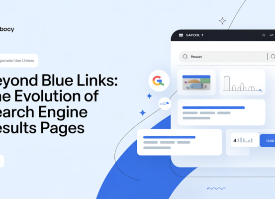 Blog banner with title 'Beyond Ten Blue Links' on a futuristic tech background