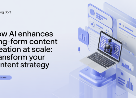 Blog banner with title 'How AI Enhances Long-Form Content Creation at Scale' against a tech-themed background.
