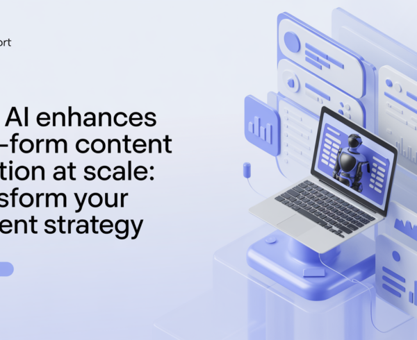 Blog banner with title 'How AI Enhances Long-Form Content Creation at Scale' against a tech-themed background.