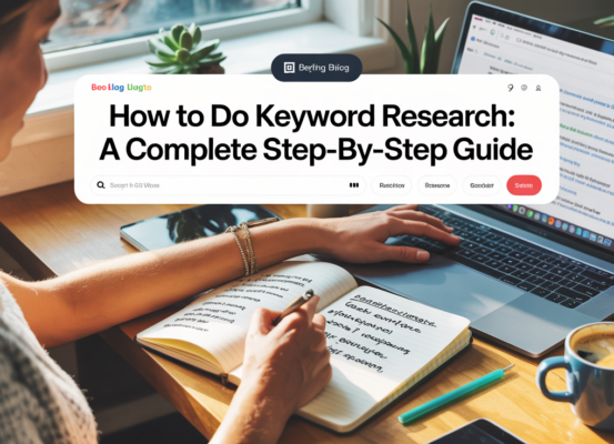 Blog banner with title 'How to Do Keyword Research: A Complete Step-by-Step Guide' in bold lettering.