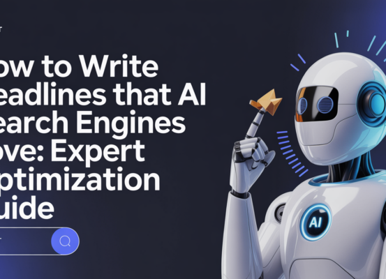 Blog banner with title 'How to Write Headlines That AI Search Engines Love: Expert Optimization Guide' in bold font.