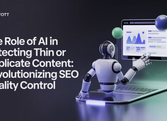 Blog banner with title 'The Role of AI in Detecting Thin or Duplicate Content' on a tech-themed background