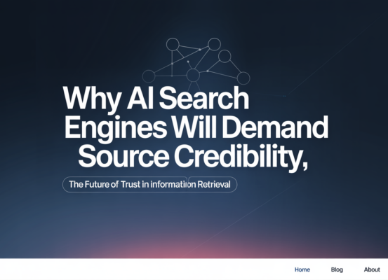 Blog banner with title 'Why AI Search Engines Will Demand Source Credibility' overlaid on a tech-themed background.