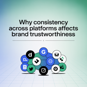 Blog banner with title 'Why Consistency Across Platforms Affects Brand Trustworthiness' in bold font.