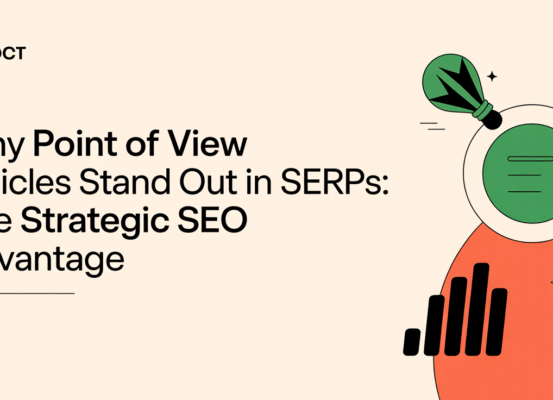 Blog banner with title 'Why Point of View Articles Stand Out in SERPs' on a dynamic, abstract background