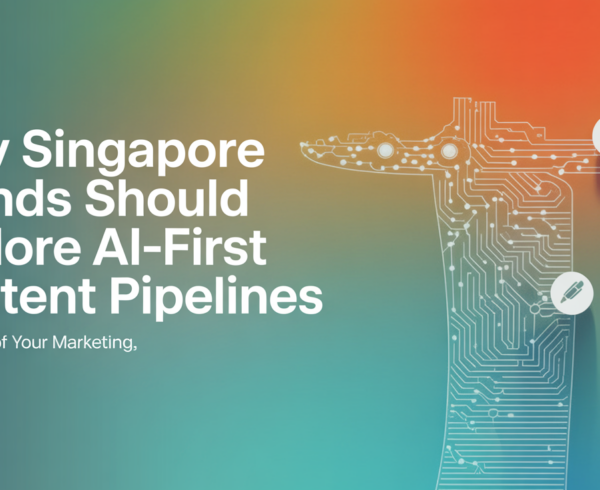 Blog banner with 'Why Singapore Brands Should Explore AI-First Content Pipelines' in bold letters.