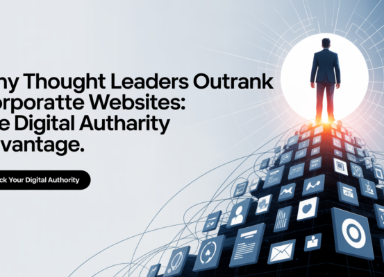 Blog banner with 'Why Thought Leaders Outrank Corporate Websites: The Digital Authority Advantage' title