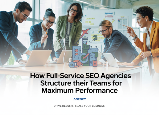 SEO team structure banner with digital marketing icons and title text