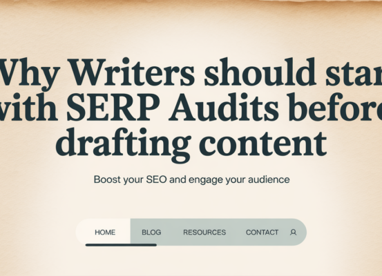 A laptop with a blog post titled 'Why Writers Should Start With SERP Audits Before Drafting Content' on the screen.
